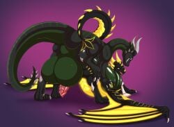 balls big_balls big_penis black_body black_tail bodily_fluids butt claws dragon duo feet feral genital_fluids genitals green_balls green_body green_penis green_tail grey_claws grey_horn hi_res horn huge_balls huge_penis hyper hyper_genitalia hyper_penis male male/male multicolored_body mythological_creature mythological_scalie mythology open_mouth penis pink_penis pink_tongue precum precum_squirt purple_background scalie sharp_teeth simple_background tail teeth toes tofu-doggo tongue white_claws wings yellow_horn yellow_wings