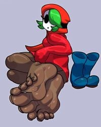 1girl 1girls 2026 barefeet barefoot boots clothed clothing commission commission_art commissioner_upload dark-skinned_female dark_skin feet foot_fetish foot_focus green_hair hoodie mask minus8 nintendo reathroch shy_gal sole_female soles solo solo_female toes watermark