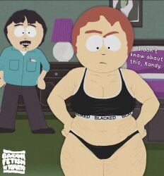 1boy 1boy1girl 1girls baconfetish'ntomato blacked blacked_clothing breasts cameltoe chubby chubby_female cleavage comedy_central english_text husband_and_wife implied_cuckolding mature_female milf randy_marsh sharon_marsh slightly_chubby slightly_chubby_female south_park speech_bubble stretch_marks text underwear