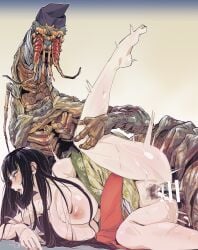1boy 1girl bar_censor bestiality black_hair blunt_bangs blush breasts censored clothes_lift commentary_request commission cum cum_in_pussy hat heart highres insectophilia interspecies japanese_clothes kimono kimono_lift kimono_pull kotake_standard large_breasts leg_up lobster long_hair monster nipples original pixiv_commission pubic_hair sex sex_from_behind shrimp shrimp_boy spooning tate_eboshi teratophilia textless_version tongue tongue_out traditional_youkai vaginal zoophilia