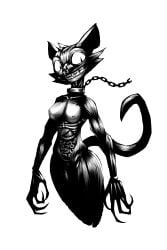 absurd_res anthro bone breasts chained_collar claws creepy_smile domestic_cat exposed_bone exposed_rib_cage felid feline felis female flesh_creature gatonejo gore guts hi_res horror_(theme) intestines liver looking_at_viewer mammal medium_breasts monochrome nude nude_anthro nude_female organs rib_bones simple_background skinless smile solo stomach teeth white_background