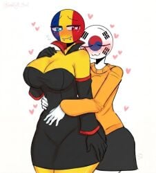 black_gloves blue_eye countryhumans countryhumans_girl fangs hearts_around_body hearts_around_head hearts_in_eyes kak0yt0_chel_style red_eye romania_(countryhumans) south_korea_(countryhumans) vampire_costume vampire_girl
