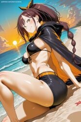 1girl ai_generated arm_support ass bangs beach bikini bikini_top black_bikini black_cape black_shorts blush breasts brown_hair cape closed_mouth front-tie_top green_eyes hair_ribbon hi_res high_quality high_resolution long_hair looking_at_viewer medium_breasts ocean outdoors patreon ponytail re:zero_kara_hajimeru_isekai_seikatsu ribbon savvyraexo seductive sexy shaula_(re:zero) shiny_clothes short_shorts shorts sitting smile solo starfish swimsuit thighs uncensored very_long_hair water watermark