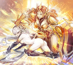 2girls armor armored_female ass assisted_exposure big_ass blush blushing brown_hair burned_clothing clothed/nude clothed_female_nude_female clothed_on_nude clothes_removed destroyed_clothing diana_(league_of_legends) disintegrating_clothes embarrassed embarrassed_nude_female exposed_ass exposed_back exposed_breasts female female_only functionally_nude functionally_nude_female heat kazeco league_of_legends leona_(league_of_legends) long_hair mostly_nude nude nude_female on_floor pale-skinned_female pale_skin practically_nude red_hair shield side_boob sideboob silver_hair white_hair yuri