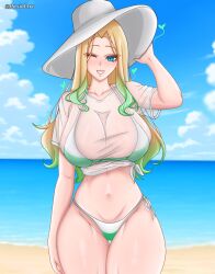 beach big_breasts bikini blonde_hair haxial oc swimsuit tagme thick_thighs