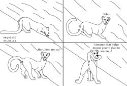 1995 4_panel_comic anus asking_viewer black_and_white butt comic dated dialogue drinking felid female feral genitals line_art male male/male mammal monochrome pantherine presenting presenting_hindquarters presenting_to_viewer quadruped raised_tail river solo tail talking_to_male_viewer urbanhermit vulva