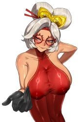 areolae bodysuit breasts choclo_draws cleavage dark-skinned_female dark_skin exposed_shoulders glasses gloves large_breasts latex looking_at_viewer mascara mature_female nintendo nipples nipples_visible_through_clothing purah purah_(tears_of_the_kingdom) red_bodysuit red_eyes see-through see-through_clothing skin_tight skin_tight_suit tan tan_body tan_skin tears_of_the_kingdom the_legend_of_zelda the_legend_of_zelda:_tears_of_the_kingdom white_hair