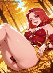1girl 2026 ;d ai_generated anime ass bare_shoulders blush boobs bracelet breasts buttocks cleavage covered_nipples crossover detached_sleeves dota_2 eye_contact female female_focus flushed grass highres huge_breasts jewelry large_breasts lina looking_at_viewer lying medium_hair moaning nature nsfw on_back one_eye_closed open_mouth outdoors patreon patreon_username red_eyes red_hair rognezart shiny shiny_skin skirt smile smiling solo teeth thick_thighs thighs tree