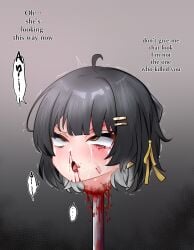 1girls ahe_gao black_hair blood corpse death decapitation empty_eyes eye_roll female_rover_(wuthering_waves) gore guro hair impalement open_mouth rover_(wuthering_waves) severed_head sexysalad shocked short_hair skewer snuff tongue_out wuthering_waves