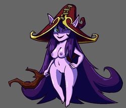 1girls animal_ears breasts female female_only green_eyes hand_on_hip hat league_of_legends long_hair lulu_the_fae_sorceress nipples nude purple_hair purple_skin pussy riot_games smile solo staff standing stompertron very_long_hair wink witch_hat yordle