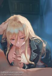 1boy 1girl 2026 ai_generated azur_lane bismarck_(azur_lane) blonde_hair blue_eyes breasts carmeno cleavage clothed_female_nude_male collarbone erection fellatio hair_between_eyes hand_on_another's_head handjob hetero highres indoors jacket large_breasts long_hair long_sleeves military military_uniform nsfw nude oral penis penis_grab pixiv_username pov solo_focus thighhighs uncensored uniform