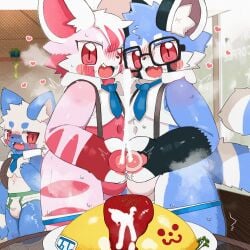 1:1 anthro blue_body blue_fur blush bodily_fluids clothing cum cum_on_food cumming_at_viewer dinogaize eyewear food fur genital_fluids genitals glasses group hi_res male male/male masturbation penis pink_body pink_fur sweat sweatdrop tongue tongue_out trio underwear wearing_glasses white_body white_fur