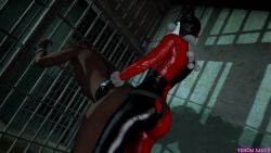 1boy 1girls 3d 3d_(artwork) anal anal_penetration anal_sex batman:_arkham_knight batman_(series) before_sex bent_over bodysuit cell clothed clothed_female clothed_female_nude_male completely_nude_male dark-skinned_male dc dc_comics dominant_female female female_penetrating_male femdom from_behind hand_on_another's_hips harley_quinn harley_quinn_(classic) interracial male male_sub malesub nude nude_male pegging prison_cell sex_toy small_penis source_filmmaker strap-on strapon venomous_sausage
