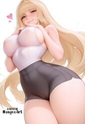 1girl ai_generated artist_name bangs bare_shoulders black_shorts blonde_hair blunt_bangs blush breasts cameltoe closed_mouth covered_nipples from_below game_freak green_eyes hands_on_own_chest heart high-waist_shorts large_breasts long_hair looking_at_viewer lusamine_(pokemon) nintendo nuageeart pokemon pokemon_dppt pokemon_sm questionable shirt short_shorts shorts simple_background sleeveless sleeveless_shirt smile solo thick_thighs thighs very_long_hair white_background white_shirt