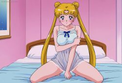 1girl ai_generated bedroom bishoujo_senshi_sailor_moon blonde_hair blonde_hair_female blue_eyes blue_eyes_female blushing blushing_at_viewer blushing_female clothed clothing female_focus female_only female_solo hair_buns horny horny_female legs_open long_hair long_hair_female looking_at_viewer medium_boobs medium_breasts medium_tits on_bed only_female open_legs pijama sailor_moon smiling solo_female solo_focus thick_legs thick_thighs tiara twintails upscaled usagi_tsukino
