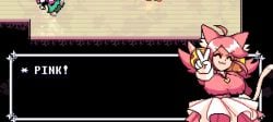 2026 2d :3 artist_request breasts cat_ears cat_tail catgirl closed_eyes deltarune deltarune_chapter_5 long_hair mad_mew_mew mew_mew_kissy_cutie nipples_visible_through_clothing pink_hair pink_shirt sprite_edit text toby_fox undertale v_sign white_gloves white_skirt
