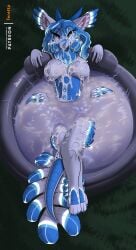 absurd_res anthro blue_body blue_fur blue_hair bodily_fluids breasts cum cum_bath cum_everywhere cum_on_breasts cum_on_face cum_on_leg female feretta fur genital_fluids grass green_eyes hair hi_res horn inflatable_pool looking_at_viewer lyantiana_(toasterinabathtub) messy plant smile solo white_body white_fur