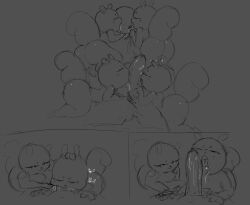 anthro big_butt big_penis bodily_fluids butt clothing comic eyes_closed female genitals group half-closed_eyes hi_res humanoid kissing licking male male/female mamasoyanini mammal monochrome narrowed_eyes oral penis rodent saliva saliva_string sciurid smile text tongue tree_squirrel