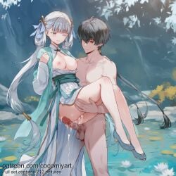 1boy 1girl 2026 after_sex after_vaginal ai_generated bare_legs black_hair blue_footwear breasts breasts_out carrying censored chinese_clothes clothed_female_nude_male cocomiyart cum cum_in_pussy cumdrip dress grey_eyes grey_hair hair_rings hetero high_heels highres jinhsi_(wuthering_waves) lifting_person lily_pad long_hair long_sleeves medium_breasts mosaic_censoring nipples nsfw nude one_eye_closed outdoors parted_lips penis ponytail princess_carry pussy smile standing testicles twintails uncensored very_long_hair water white_dress wuthering_waves