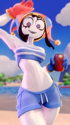 1girl 1girls beach clown clown_girl clown_makeup female female_focus female_only glitch_productions jester jester_cap jester_girl jester_hat looking_at_viewer pale-skinned_female pale_skin pomni pomni_(beach_outfit) pomni_(tadc) pomni_(the_amazing_digital_circus) smile smiling smiling_at_viewer the_amazing_digital_circus white_skin wide_hips