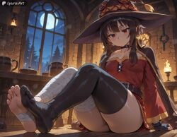 1girl 1girls absurd_res absurd_resolution absurdres ai_generated areolae ass bandaged_leg bandages barefoot black_legwear brown_hair curvaceous curvy curvy_female curvy_figure feet feet_fetish feet_focus feet_together feet_up female female_focus flirting flirting_with_viewer foot foot_fetish foot_focus foot_play foot_worship hair hi_res high_quality high_resolution highres kono_subarashii_sekai_ni_shukufuku_wo! konosuba:_god's_blessing_on_this_wonderful_world! lyuraiart megumin red_eyes small_breasts soles soles_female soles_fetish soles_focus teasing thick_ass thick_thighs thighs toes vagina wide_hips witch_hat