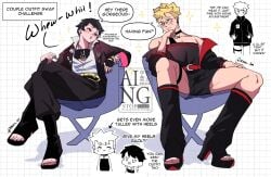 boruto:_naruto_next_generations boruto:_two_blue_vortex canon_couple comic crossdressing glasses humor kanekane outfit_swap red_eyes sarada_uchiha scar_across_eye sitting uzumaki_boruto