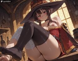 1girl 1girls absurd_res absurd_resolution absurdres ai_generated areola areolae ass bandaged_leg bandages barefoot black_legwear brown_hair curvaceous curvy curvy_female curvy_figure exposed_breasts feet feet_fetish feet_focus feet_together feet_up female female_focus flirting flirting_with_viewer foot foot_fetish foot_focus foot_play foot_worship hair hi_res high_quality high_resolution highres kono_subarashii_sekai_ni_shukufuku_wo! konosuba:_god's_blessing_on_this_wonderful_world! lyuraiart megumin nipples red_eyes small_breasts soles soles_female soles_fetish soles_focus teasing thick_ass thick_thighs thighs toes vagina wide_hips witch_hat