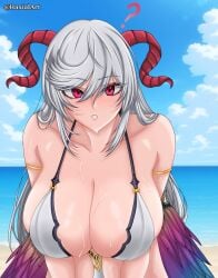beach big_breasts bikini fire_emblem fire_emblem_heroes freyja_(fire_emblem) goat_girl goat_horns haxial sweat swimsuit tagme thick_thighs
