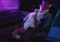 accessory animal_genitalia animal_penis anthro balls bedroom_eyes black_background bottomwear canid canine canine_genitalia canine_penis chair clothed clothing dandude electronics fox fur furniture genitals hi_res holding_own_penis holding_penis knot knotted_penis looking_at_viewer male male_anthro mammal masturbation monitor narrowed_eyes necktie nipples open_bottomwear open_clothing open_pants open_shirt open_topwear pants penile penile_masturbation penis seductive sheath shirt simple_background sitting solo table topwear white_body white_fur