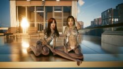 2girls boobs breast_size_difference cyberpunk_2077 female female_genitalia female_only large_breasts naked_female nipples nude nude_female pool pussy size_difference small_breasts tits titties vagina valerie_(cyberpunk_2077) water