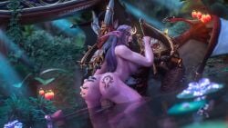1boy 1girls ahe_gao animal_genitalia ass_grab blizzard_entertainment cydristrasz dracthyr dragon female_on_top horns huge_cock larger_male long_hair moonwell night night_elf purple_hair scales sex skindentation vaginal_penetration wet wet_skin wings world_of_warcraft zentaeron
