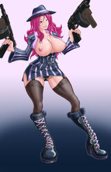 black_panties boots breasts crime_city_miss_fortune debonair_series female garter_straps gun hat large_breasts league_of_legends long_hair lux_(artist) nipples open_clothes open_shirt panties parted_lips pinstripe_pattern pinstripe_suit red_eyes red_hair sarah_fortune smile solo stockings thompson_submachine_gun upskirt weapon