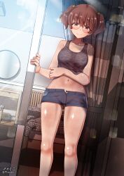 alisa_(girls_und_panzer) aquaegg blue_shorts blush breasts brown_eyes brown_hair camouflage_shirt closed_mouth female freckles girls_und_panzer glasses indoors looking_at_viewer midriff navel short_hair short_shorts shorts small_breasts smile solo star_hair_ornament twintails