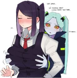 2girls big_breasts blush cd_projekt_red closed_eyes clothing cyberpunk:_edgerunners cyberpunk_2077 female_only funny groping groping_breasts julianne_stingray netflix ohasi open_mouth rebecca_(edgerunners) studio_trigger talking_to_viewer va-11_hall-a wholesome yuri