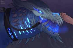 2024 artist_name bioluminescence bioluminescent_eyes bioluminescent_mouth bioluminescent_throat bioluminescent_tongue bit_gag blizzard_entertainment blue_body blue_eyes blue_tongue bodily_fluids breath bridle collar colored cum cum_in_mouth cum_inside cum_on_face cum_on_tongue dark dated digital_drawing_(artwork) digital_media_(artwork) dragon duo feral gag genital_fluids genitals glowing glowing_eyes halter harness harness_bit_gag harness_gag hi_res horn human humanoid_genitalia humanoid_penis licking licking_cum licking_lips male mammal mount/rider_relations mythological_creature mythological_scalie mythology penis proto-drake qwertydragon scalie self_lick shaded signature spikes spikes_(anatomy) text tongue tongue_out torn_skin warcraft watermark