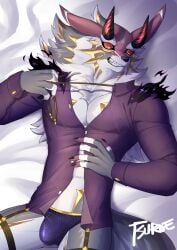 5_fingers abs absurd_res anthro athletic athletic_anthro athletic_male bael_(tas) black_sclera bottomwear bulge canid canine canis chuurow clothing demon fingers grey_body hi_res horn jackal jewelry lifewonders looking_at_viewer lying male mammal on_back red_eyes shirt solo teeth tokyo_afterschool_summoners topwear underwear