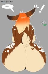 big_breasts big_butt breasts butt cervine curvy_figure deer dialogue distracted female flat_colors fur hair heart_(marking) hi_res mammal markings multicolored_body orange_hair rear_view sly_shadex solo speech_bubble spots spotted_body spotted_fur text visayan_spotted_deer