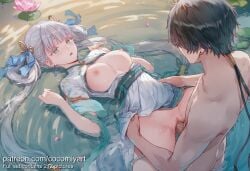 1boy 1girl 2026 ai_generated black_hair breasts breasts_out china_dress chinese_clothes clothed_female_nude_male clothed_sex cocomiyart dress earrings flower grey_eyes grey_hair hair_rings hetero highres jewelry jinhsi_(wuthering_waves) lily_pad long_hair looking_at_another lotus lying medium_breasts missionary mole_under_eye nipples nsfw nude official_alternate_costume on_back open_mouth partially_submerged penis pink_flower ponytail pussy sex spread_legs twintails uncensored vaginal very_long_hair water wet white_dress white_hair wuthering_waves
