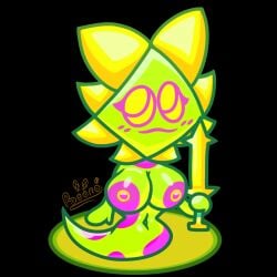 1:1 anthro beero_the_bee big_eyes breasts colorful_body darkner deltarune enemy female floradinn flower hi_res melee_weapon nipples non-mammal_nipples plant shy smile solo sword undertale_(series) warrior weapon