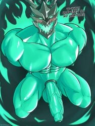 3:4 abs balls big_balls big_muscles big_pecs big_penis blush blush_lines dialogue digital_drawing_(artwork) digital_media_(artwork) english_text erection foreskin genitals green_body hi_res high-angle_view huge_penis kneeling league_of_legends male muscular muscular_male navel nipples nnknwnn_(artist) not_furry pecs penis riot_games solo spirit tencent text thresh vein veiny_penis