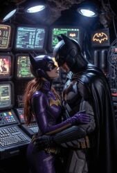 1boy1girl age_difference ai_generated barbara_gordon batgirl batgirl_(barbara_gordon) batman batman_(bruce_wayne) batman_(series) bruce_wayne cape dc_comics embrace fully_clothed gloves kissing male/female masked_female masked_male older_male superhero warner_brothers younger_female