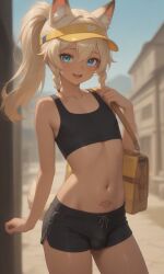 1boy 1femboy abs ai_generated animal_ears animal_tail balls blush bulge dark-skinned_femboy dark-skinned_male dark-skinned_sub femboy feminine_male flat_chest gay genshin_impact horny hoyoverse ian8766_(artist) kachina_(genshin_impact) light-skinned_male light_skin male mihoyo partially_clothed penis precum self_upload sun_visor sweat teasing testicles trap visor yaoi