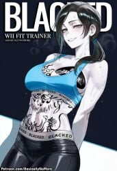 1girl ai_generated anime artist:basicallynomore black_panties black_sports_bra blacked blacked_clothing female looking_at_viewer pubic_tattoo qos qos_clothing qos_tattoo queen_of_spades queen_of_spades_symbol queen_of_spades_tattoo sportswear tattoo tattoos white_skin wii_fit wii_fit_trainer_(female)