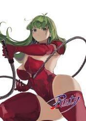 1girl absurdres artist_name boots breasts character_name covered_navel elbow_gloves gloves green_eyes green_hair hand_up highres holding holding_whip knee_boots large_breasts leotard logo long_hair parted_lips red_boots red_gloves red_leotard simple_background solo tagme thighs weapon whip white_background