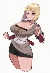 1girls bangs big_breasts blonde_hair blue_eyes blunt_bangs breasts cleavage collarbone cropped_legs fishnets huge_breasts large_breasts miniskirt naruto naruto_(series) naruto_shippuden pencil_skirt samui short_hair skirt solo striped