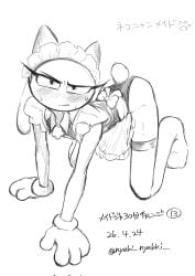 1boy 2026 2d apron artist_request blush bunny_ears cat_ears ears_down eyelashes glitch_productions gloves gooseworx greyscale jax_(tadc) jax_(the_amazing_digital_circus) looking_at_viewer looking_up maid maid_jax_(the_amazing_digital_circus) maid_uniform on_all_fours pawprint sketch solo stockings sweat text the_amazing_digital_circus trans_woman_(lore) watermark