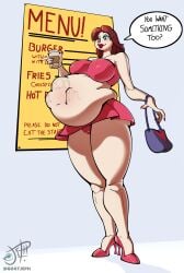 abdominal_bulge anthro belly bimbo_anthro bovid camel_toe caprine clothing english_text female footwear goat goatjeph hi_res high_heels humanoid lips makeup mammal oral_vore predator/prey prey_outline shoes solo steph_(goatjeph) text thick_lips vore