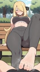 1boy 1girls ai_generated barefoot blonde blonde_female blonde_hair creatures_(company) cynthia_(pokemon) feet feet_on_crotch feet_on_penis female female_focus foot_fetish foot_focus foot_on_crotch foot_on_penis game_freak hair_ornament light-skinned_female light-skinned_male light_skin looking_at_viewer male male_pov nintendo outdoors park point_of_view pokemon pokemon_bdsp pokemon_dppt pov self_upload smell smelly_feet solo_focus sports_bra sportswear sweat sweatdrop sweating sweaty_body sweaty_feet toes yoga_pants