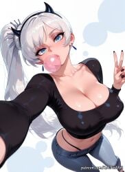 1girl 2026 ai_generated anime bangs black_nails black_shirt blue_eyes boobs breasts bubble_blowing chewing_gum cleavage collarbone covered_nipples crop_top crossover demon_horns denim earrings eye_contact fake_horns female female_focus highres horns huge_breasts jeans jewelry large_breasts long_hair looking_at_viewer midriff nail_polish navel nsfw panties pants patreon patreon_username reaching_towards_viewer rognezart rwby scar scar_across_eye scar_on_face selfie shiny shiny_skin shirt side_ponytail solo thong underwear v very_long_hair weiss_schnee white_hair