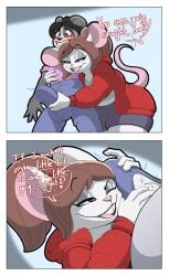 2boys anthro ass black_hair blue_eyes brown_hair bulge bulge_grab english_text erect_penis erection femboy furry grabbing_bulge hips hoodie large_ass male male_focus male_only mcnasty mouse nervous nervous_sweat one_eye_closed panda ponytail ponytail_male rat red_(sethkeidashi) red_eyes rodent rodent_humanoid shorts teasing text thick_thighs thighs ursid wide_hips winking